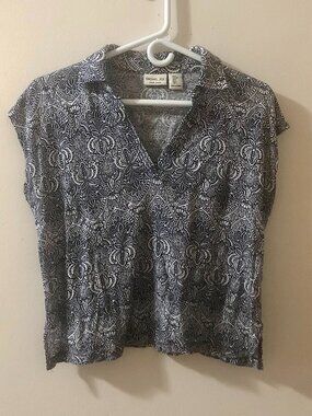 Rachel Zoe 100% Linen Boho Top Blue White Print Size S